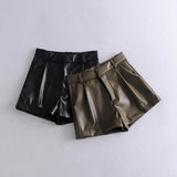 Spring Style Pleated Leather Solid Color Fashion Trendy Shorts 7385290-Outfit