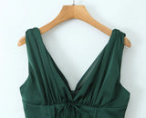 Green Stain Pleated V-neck Mini Dress-Outfit