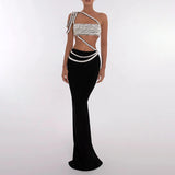 Sexy Suit 2025 New Fashion Heavy Industry Diamond Oblique Shoulder Blouse + Long Bag Hip