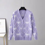 Women's Knitting Print Sweater Color Heart Single-Breasted Button Loose Casual Knitted Cardigan Sweaters Autumn V-neck