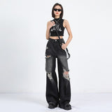 Fongt Street Black Ripped Jeans Women's New Summer Popular Logo Straight Tube Loose And Versatile Drag Wide Leg Pants-Outfit