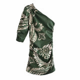 Women Vintage Printed Fashion Asymmetric Dress One Shoulder Half Sleeve Chic Lady Draped Mini Short Dresses