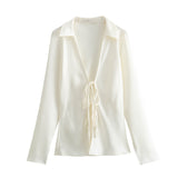 Fongt 2024 New Women's Loose Bow Trim Silk Satin Texture Shirt Women 2183331-Outfit