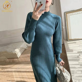 2021 New Autumn And Winter Turtleneck Sweater Dress Women's Lantern Sleeve Warm Knitted Long Dresses