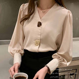 Lady Autumn Solid Women Blouses All-match Korean Tops V-neck Lantern Long Sleeve Clothes with Button Woman Shirt