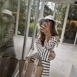 Fongt Women's INS Explosion Striped Knitting L Long Sleeve Horned Pants Set