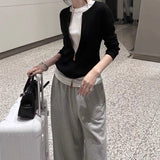 Fongt Niche Thin Temperament Zipper Loose Knitted Jersey Spring And Autumn Black Coat Woman