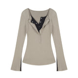 Solid Color Fake Two Pieces Long Sleeve Tee-Outfit