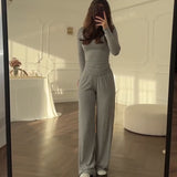 Fongt Summer New Women's Round Neck Solid Color Wide Leg Pants Temperament Commut Fashion Set