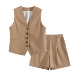 Fongt Summer Leisure Vest Set Linen-Blend Loose Vest + Shorts Set Women K27788