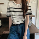 Kong Flavor Retro Chic Striped Shoulder Short Sleeve T-Shirt Girls Summer Thin Retro Thin Ice Silk Knitted Shirt