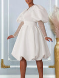 Fongt Women's Clothing V-Neck Big Swing Bubble Sleeve Banquet Dress Bridesmaid Dress Dress