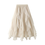 Fongt Spring New High-Waisted Lotus Leaf Side Splicing Mesh Dress Half-Dress Woman's Long-Term Large Folding Skirt 0889