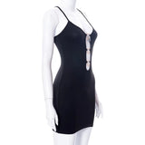 Sexy Hollow Out Mini Dress Summer Women Solid Color Chains Bodycon Sheath Black Dresses Sleeveless Party Club