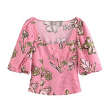 Fongt Summer New Women's Collar Bubble Sleeve Short Linen-Blend Print Top