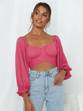 Sleeve Top Women Tie Back Crop Top Y2K Square Neck T Shirt Slim Lantern Sleeve Tops New Year 2023 Fall Spring Woman