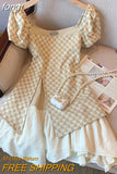 Vintage Square Neck Plaid Print Mini Dress Summer 2023 Elegant Puffed SleeveA-line Dresses Patchwork split Vestidos