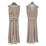 Fongt Knitted Dress Hollow Stripe V-Neck Sleeveless Temperament Elegant Summer Skirt