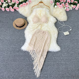 Fongt Ins Vacation Style Suit Female Design Sense Bikini Hanging Neck Vest Versatile Tassel Skirt Knit Two Sets-Outfit