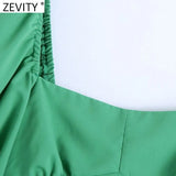 Women Vintage Square Collar Green Short Smock Blouse Female Puff Sleeve Slim Shirts Chic Backless Blusas Crop Tops