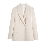 Women Fashion Fitted Double Breasted Blazer Coat Vintage Long Sleeve Flap Pockets Female Outerwear Chic Veste