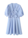Fongt 2025 New Fashion Design Bow Deep V-Neck High-Waisted Lantern Sleeve Short A-Shaped Dress