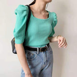Price OKMA Korean Version Slim Ice Silk Knitted Short-Sleeved T-Shirt 2024 Summer Bubble Sleeve Square Collar Shirt-Outfit