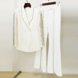 Fongt New Fashion Heavy Industry Nails Studded Suit Jacket Open Fork Trousers Set Two Sets