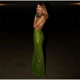 Green Sequin Backless Sling Maxi Dress-Outfit