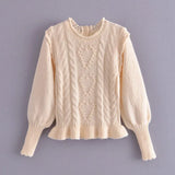 Autumn Solid Color Knitted Twist Puff Long sleeve Pullover Sweater Ruffles Hem High Waist Mini Skirt 1
