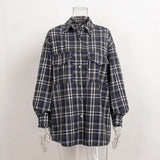 Shirt Female Autumn 2024 New Vintage Double Pocket Plaid Stripe Medium Long Shirt-Outfit