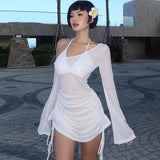 Fongt Spring And Summer New Sexy Fashion Wrinkle Hood Perspective Diagonal Collar Seaside Beach