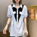 Streetwear Solid Color Patchwork Blouse Women's Clothing Casual Single-breasted Shirring Summer Commute Polo-Neck Shirt-Outfit