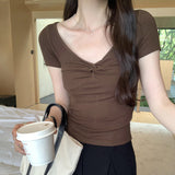 Design Temperament Small Fragrant Wind Cross Twist Pleated V-Neck Shoulder Short-Sleeved T-Shirt Women's Summer 2024 New