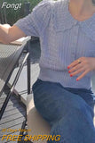 Women T-shirt Cute Button Short Sleeve Sweater Femme Single Breasted Peter Pan Collar Summer New
