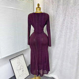 Fongt New Sexy Cross-Dress V-Neck Long Sleeves Elastic Mesh Hot Diamond Dress Female Elegant Dress