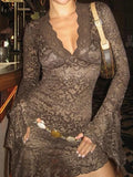 Lace V Neck Trumpet Sleeve Mini Dress-Outfit