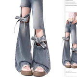Fongt Mm Large Street Hottie Bow Trumpet Micro-Tight Jeans Girl Retro Hollow Horn Long Pants