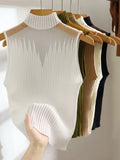 Knitted Top Women Y2K Tank Top Half Neck Vest Female Sleeveless Sweater Chic Cut Out Streetwear Solid Skinny White Tube-Outfit