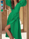 Fongt Spring/Summer New Women's Temperament Solid Color Sexy Open Fork Bubble Sleeve With Dress 6006