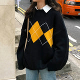 Vintage Argyle Print Round Neck Sweater-Outfit