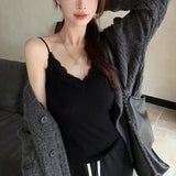 Fashion Korean Version Women's Crop Top Solid Color Lace Stitching V Neck With Chest Pad Sleeveless Tank Tops-Outfit