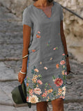 Floral Printed Linen Sleeve Midi V-neck