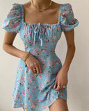 Fongt Women's Summer French Bubble Sleeves Crush Flower Dopamine Wear Dresses Women's Elegant Bubble Sleeve Dress