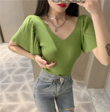 Fongt Small Sexy V-Neck T-Shirt Summer Pink Top Women's Lotus Side Of The Ocean With Thin Collarbones Cover Short