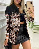 Fongt Spring And Autumn New Black Coat Long Sleeve Button Color Printing Clip Commuter Temperament Advanced Sensing Suit Woman
