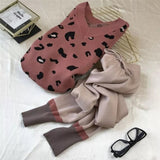 Print Knitted 2 Piece Sets For Women Casual Loose V-neck Sweater Pullovers Outfits And Contrast Color Harem Pants