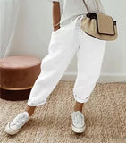 Fongt Women Cotton Tample Waist Nine Trousers Casual Women's Pants