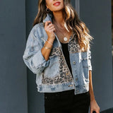 New Denim Jacket Women's Long Sleeve Women's Jacket Women's Leopard Print Patchwork Top-Outfit