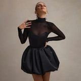Black Turtleneck Sheer Long Sleeve Satin Mini Dress-Outfit